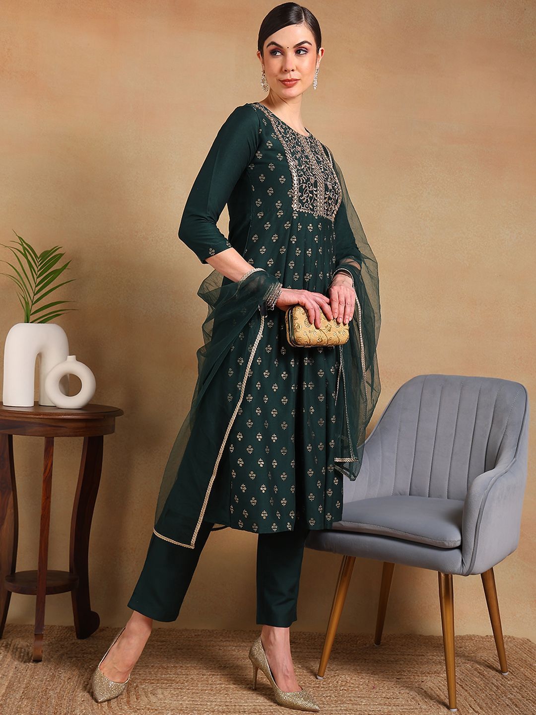 KALINI Ethnic Motifs Embroidered Empire Mirror Work Kurta with Trousers & Dupatta