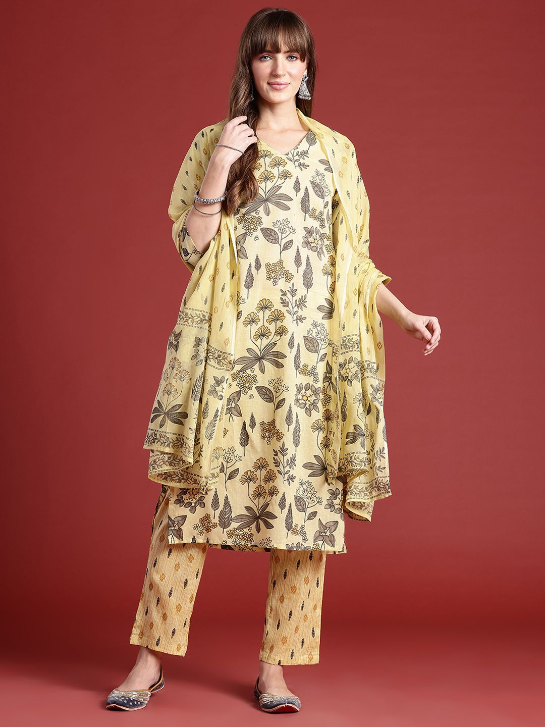 Anouk Floral Printed Pure Cotton Kurta With Trousers & Dupatta