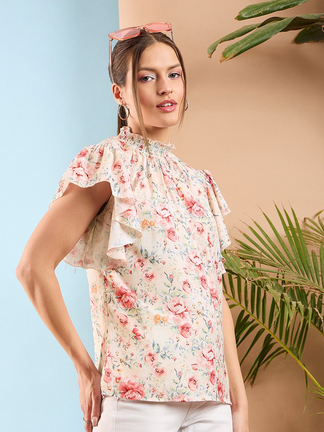 SASSAFRAS Floral Print Flared Sleeve Smocked Top