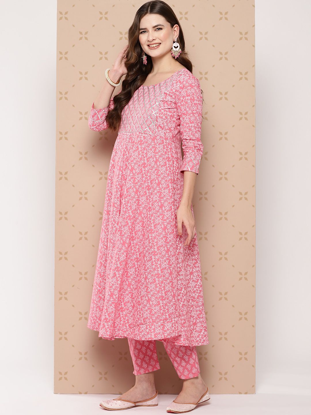 KALINI Pure Cotton Ethnic Motifs Printed Anarkali Kurta With Trousers & With Dupatta