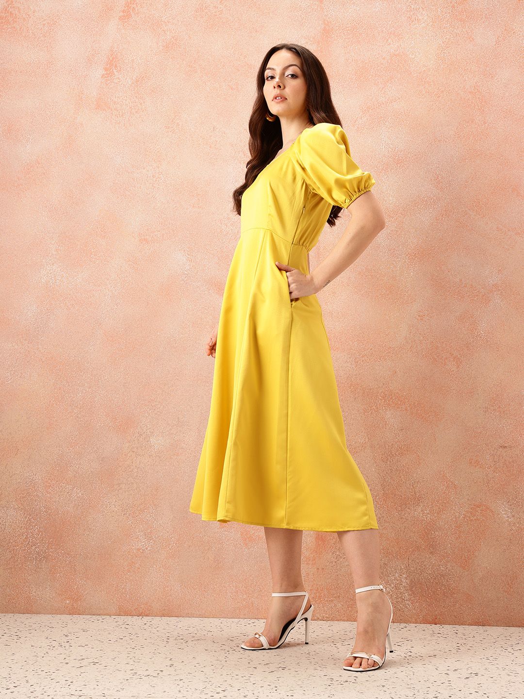 all about you Sweetheart Neck Puff Sleeves Satin Fit & Flare Midi Dress