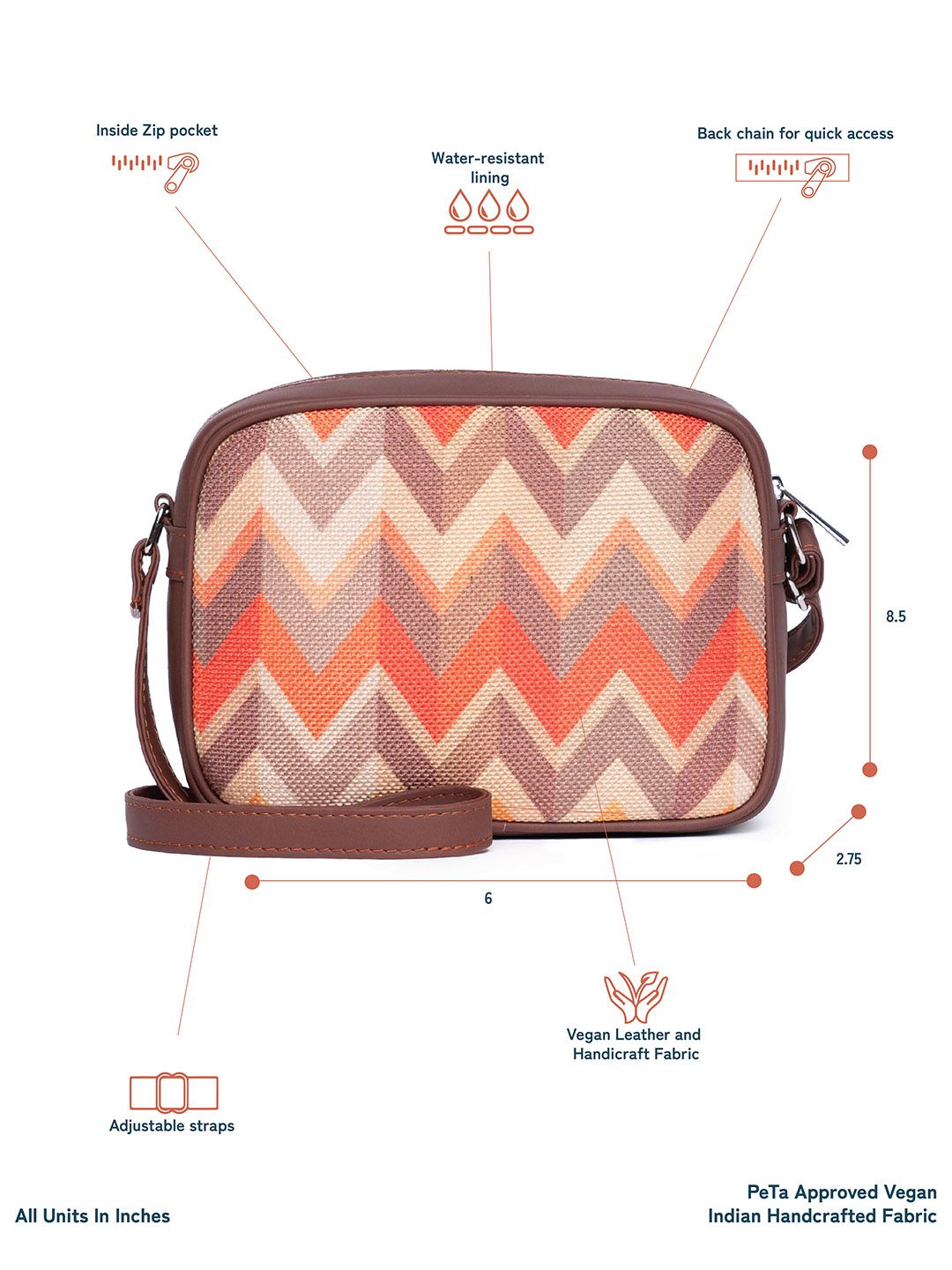 ZOUK Orange & Beige Chevron Woven Design Handcrafted Vegan Leather Sustainable Sling Bag