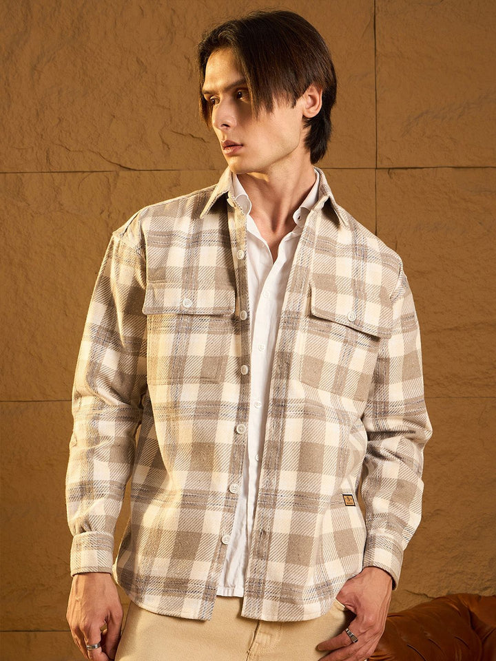 DENNISON Men Double Pocket Drop Shoulder Oversized Cotton Checked Shacket