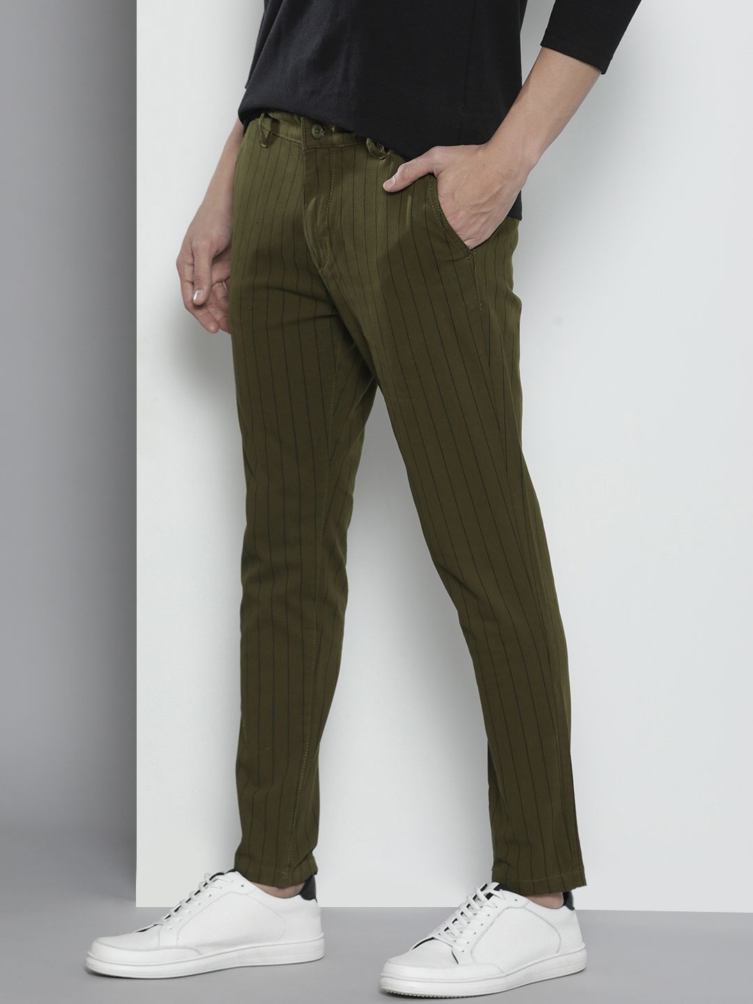 The Indian Garage Co Men Olive Green Striped Slim Fit Chinos Trousers