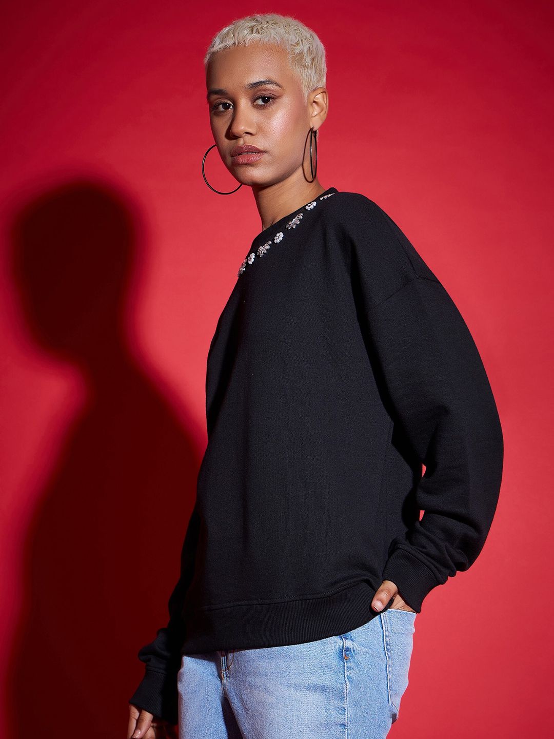 SASSAFRAS Black Floral Embellished Round Neck Cotton Pullover Sweatshirt