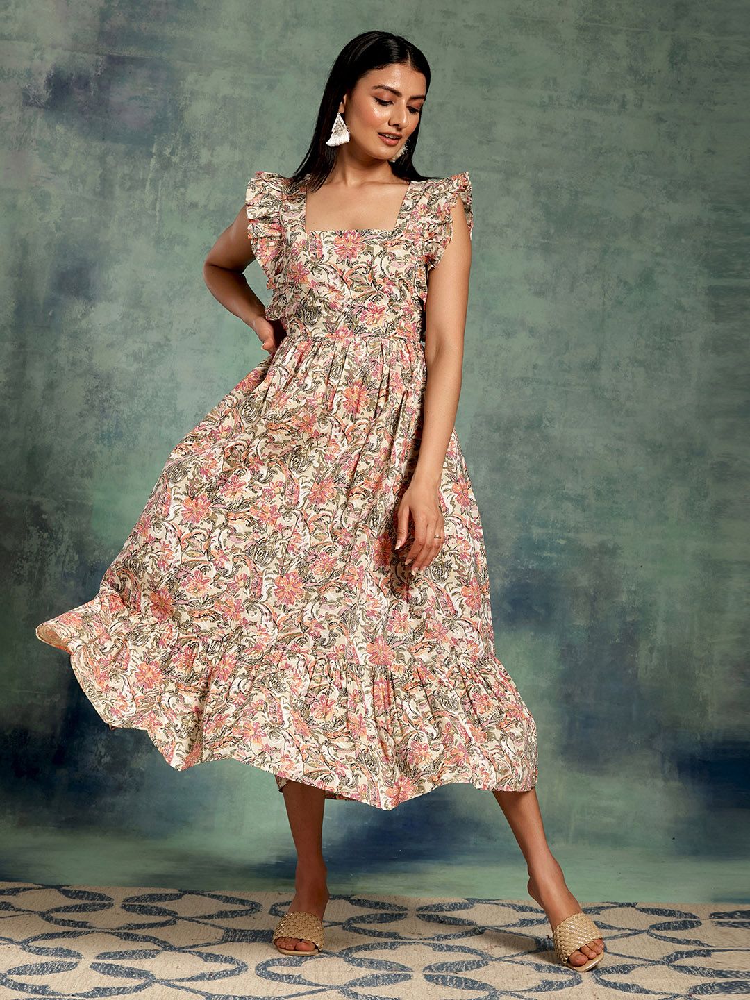 Libas White Floral Printed Flutter Sleeve Gathered Empire Cotton Midi Dress