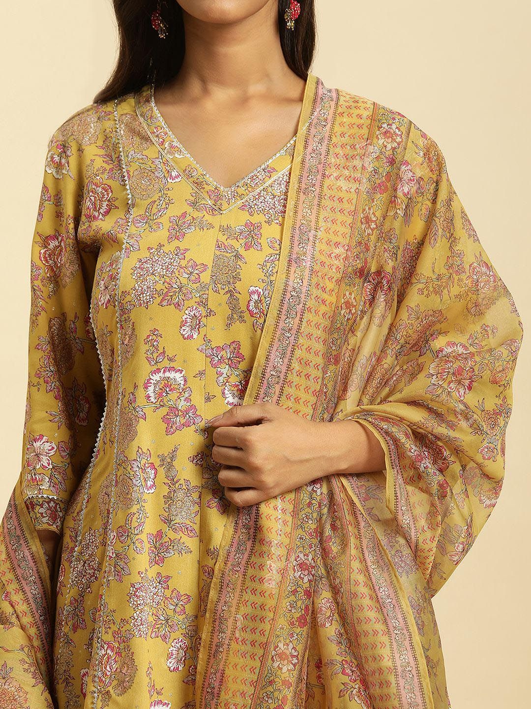W Floral Printed V-Neck Panelled Gotta Patti A-Line Kurta With Sharara & Dupatta