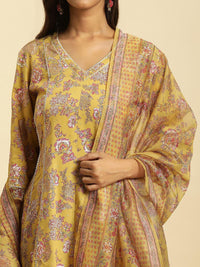 W Floral Printed V-Neck Panelled Gotta Patti A-Line Kurta With Sharara & Dupatta