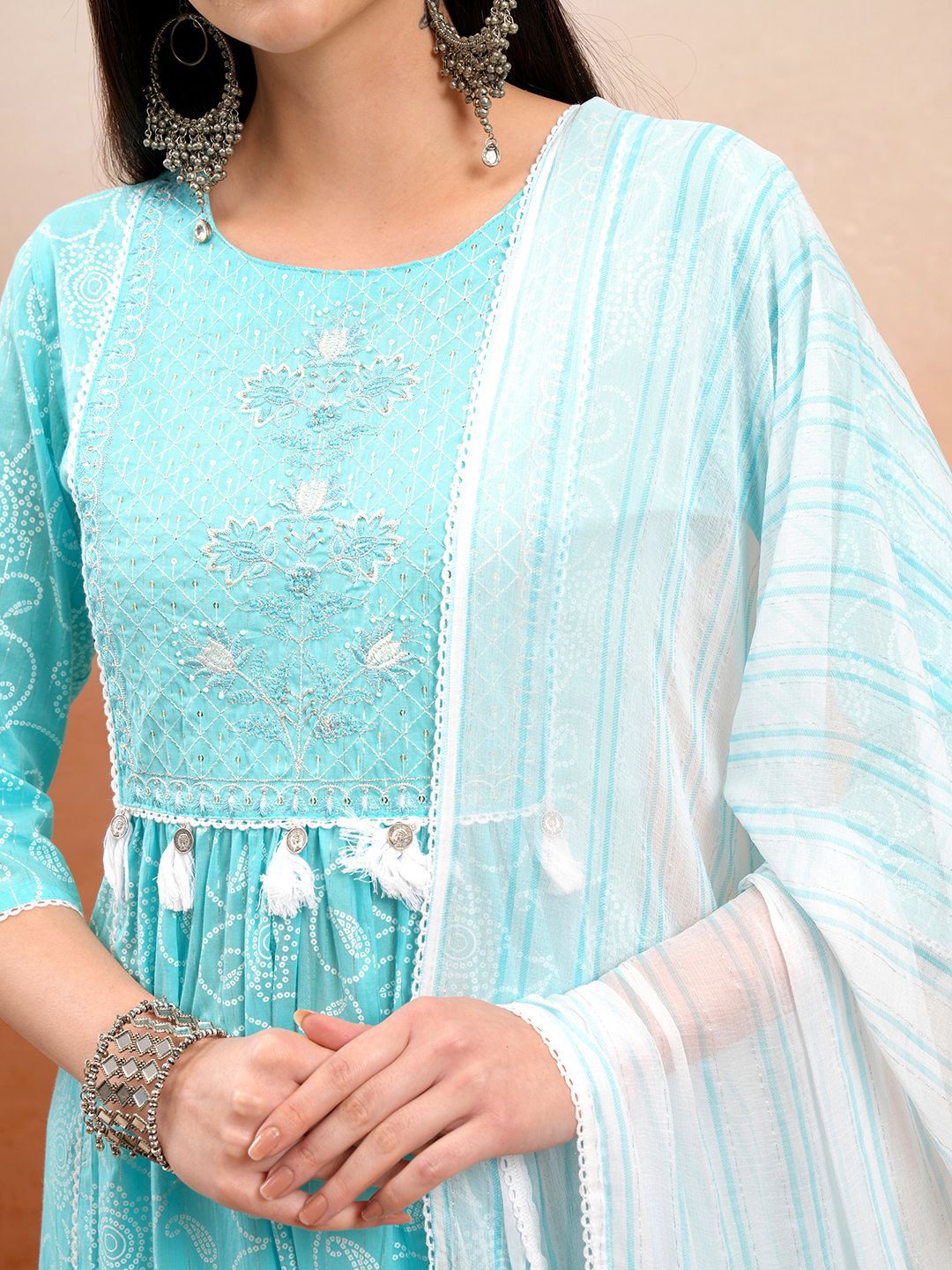 Vishudh Blue Floral Printed Thread Work Pure Cotton A-Line Kurta With Trousers & Dupatta
