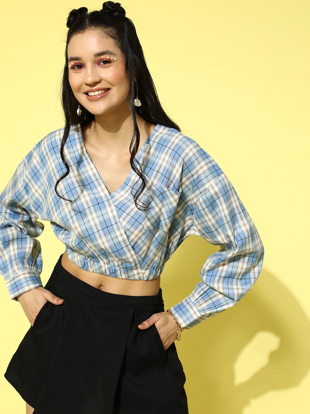 Berrylush Blue & Off White Checked Wrap Crop Top