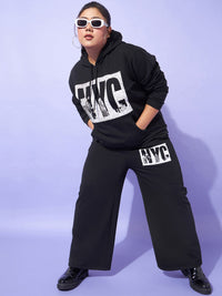 SASSAFRAS Curve Plus Size Hooded Neck Typography Printed Sweatshirt With Joggers Co-Ords