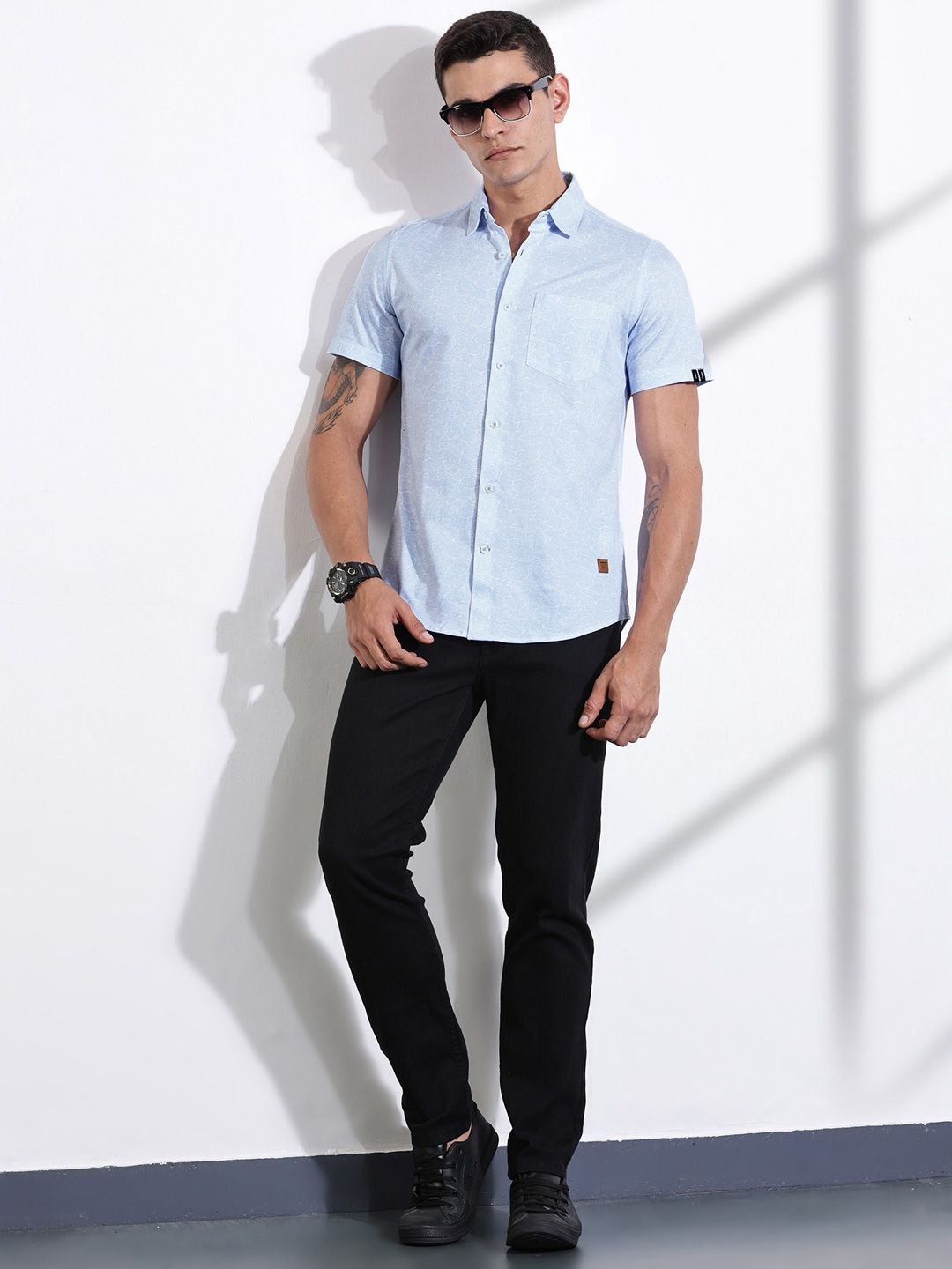 Thomas Scott Men Classic Slim Fit Spread Collar Ethnic Motifs Printed Cotton Knitted Shirt