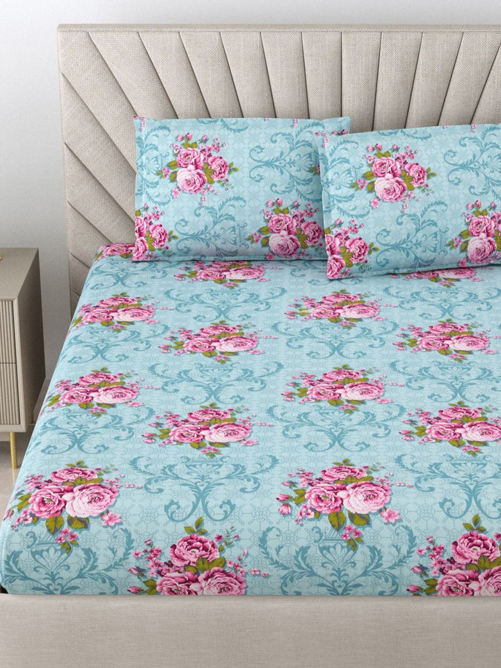 BOMBAY DYEING Dream Lover Teal Floral Printed Cotton 104TC Queen Bedsheet Set 2.54 x 2.24m
