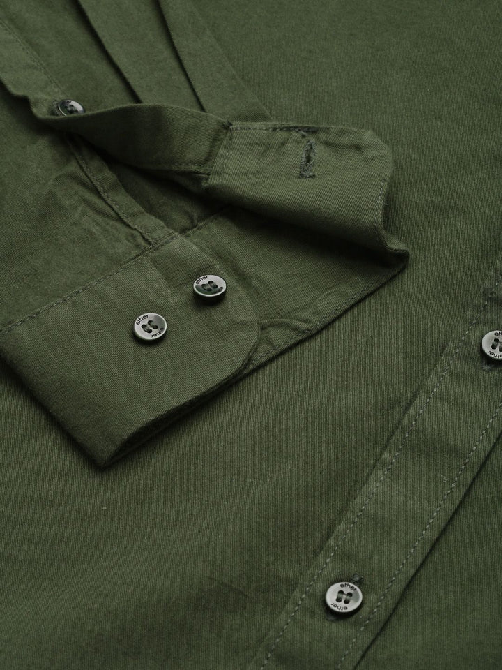 ether Men Olive Green Opaque Pure Cotton Casual Shirt