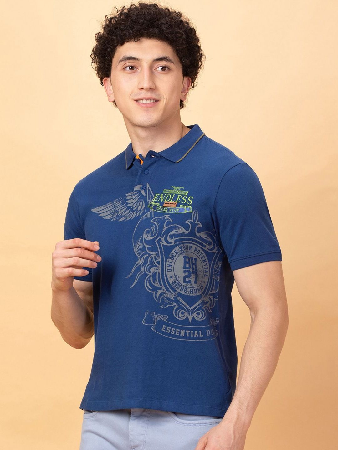 Being Human Men Printed Polo Collar Applique T-shirt