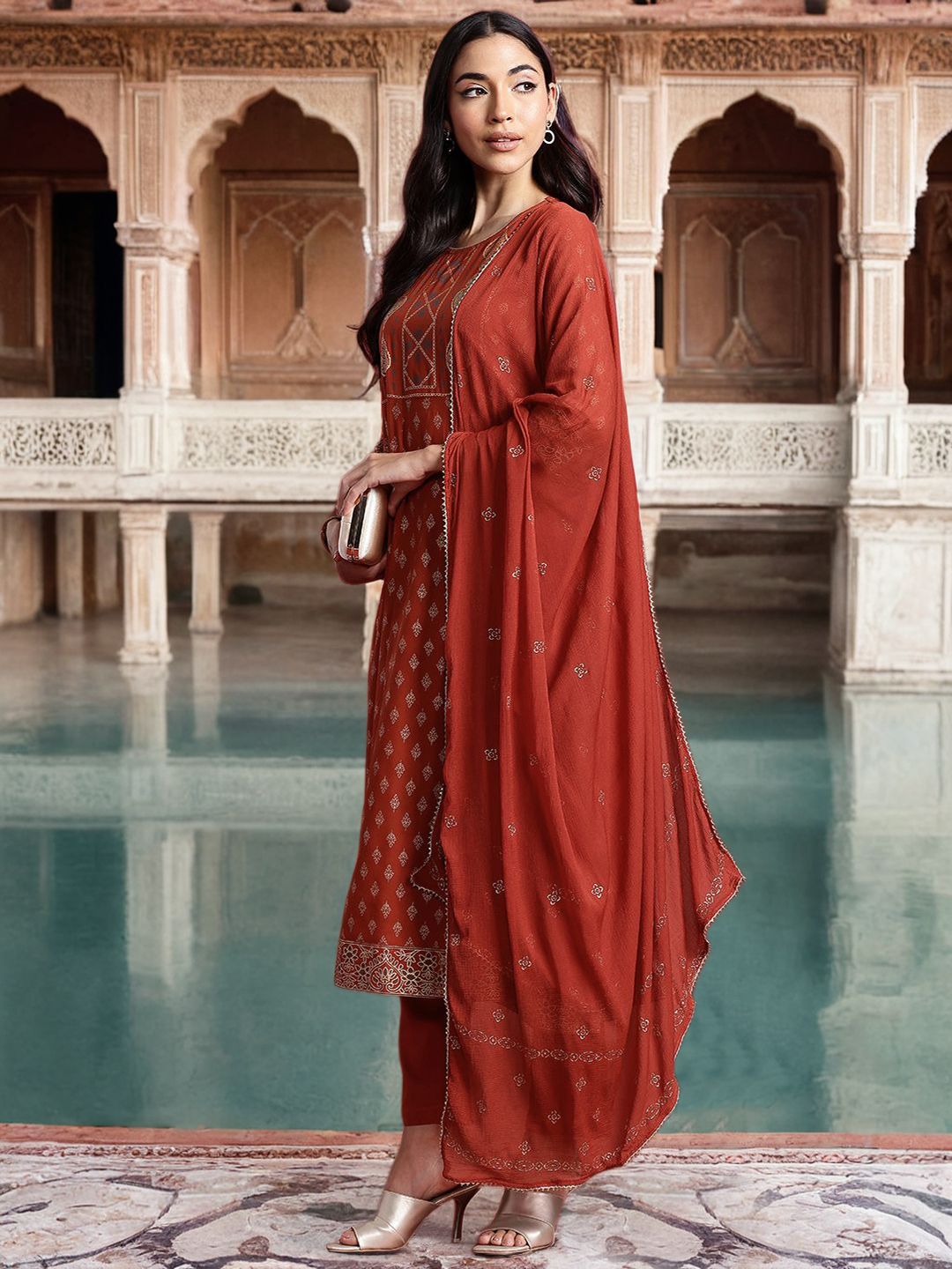 Anouk Women Ethnic Motifs Printed Pleated Kurta with Trousers & Dupatta