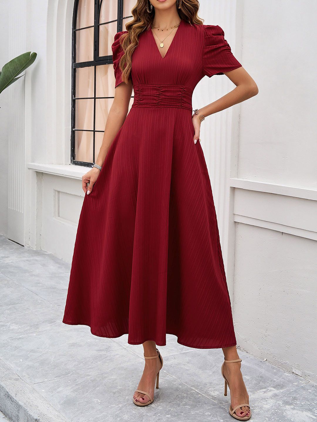 all about you Red V-Neck Puff Sleeve Gathered Fit & Flare Midi Dress