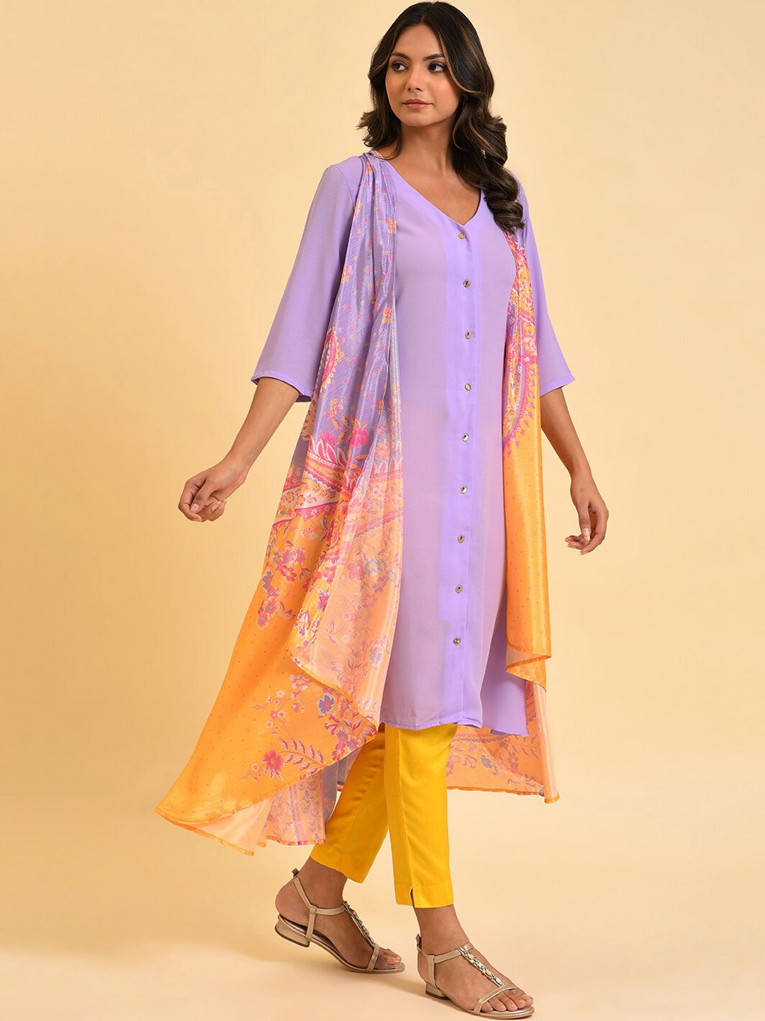 W Purple V-Neck Ethnic Motifs Printed Layered Kurta