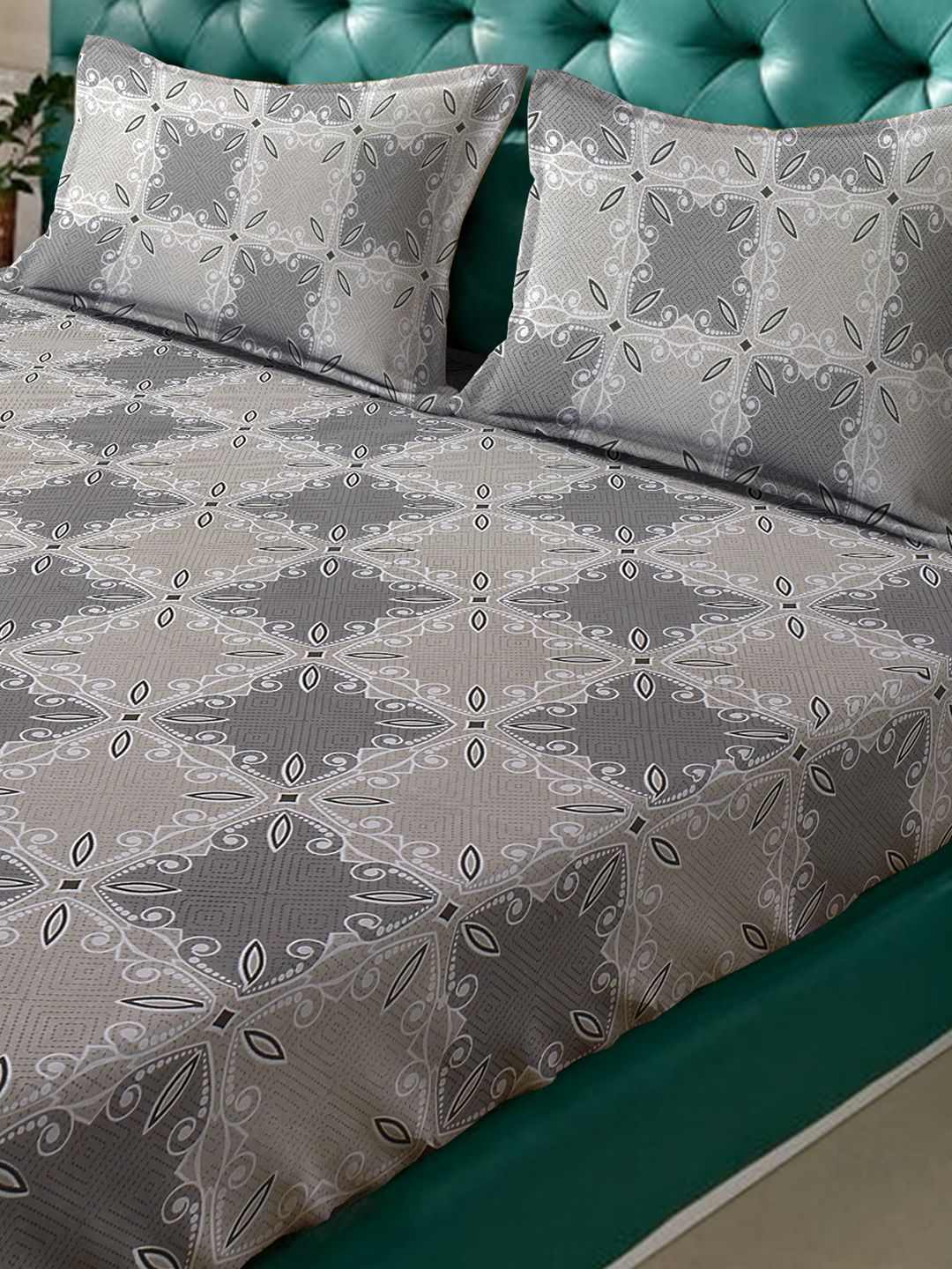 KLOTTHE Grey Floral Printed 400 TC Pure Cotton Fitted King Bedsheet & 2 Pillow Covers