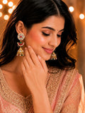 PANASH Gold-Plated Artificial Stones Studded And Beaded Contemporary Shaped Jhumkas