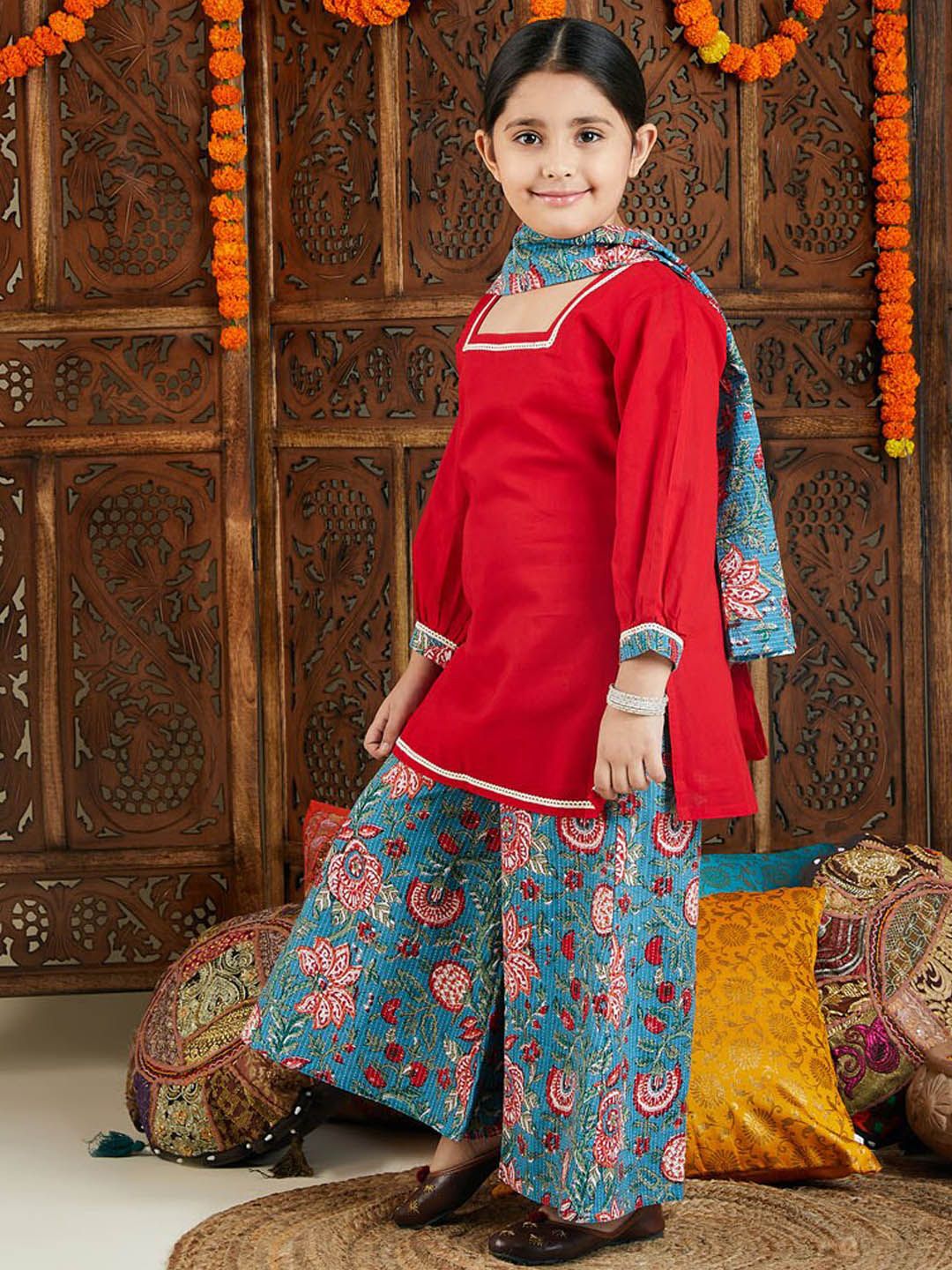 VASTRAMAY Girls Square Neck Regular Kantha Work Pure Cotton Kurta With Palazzos & Dupatta