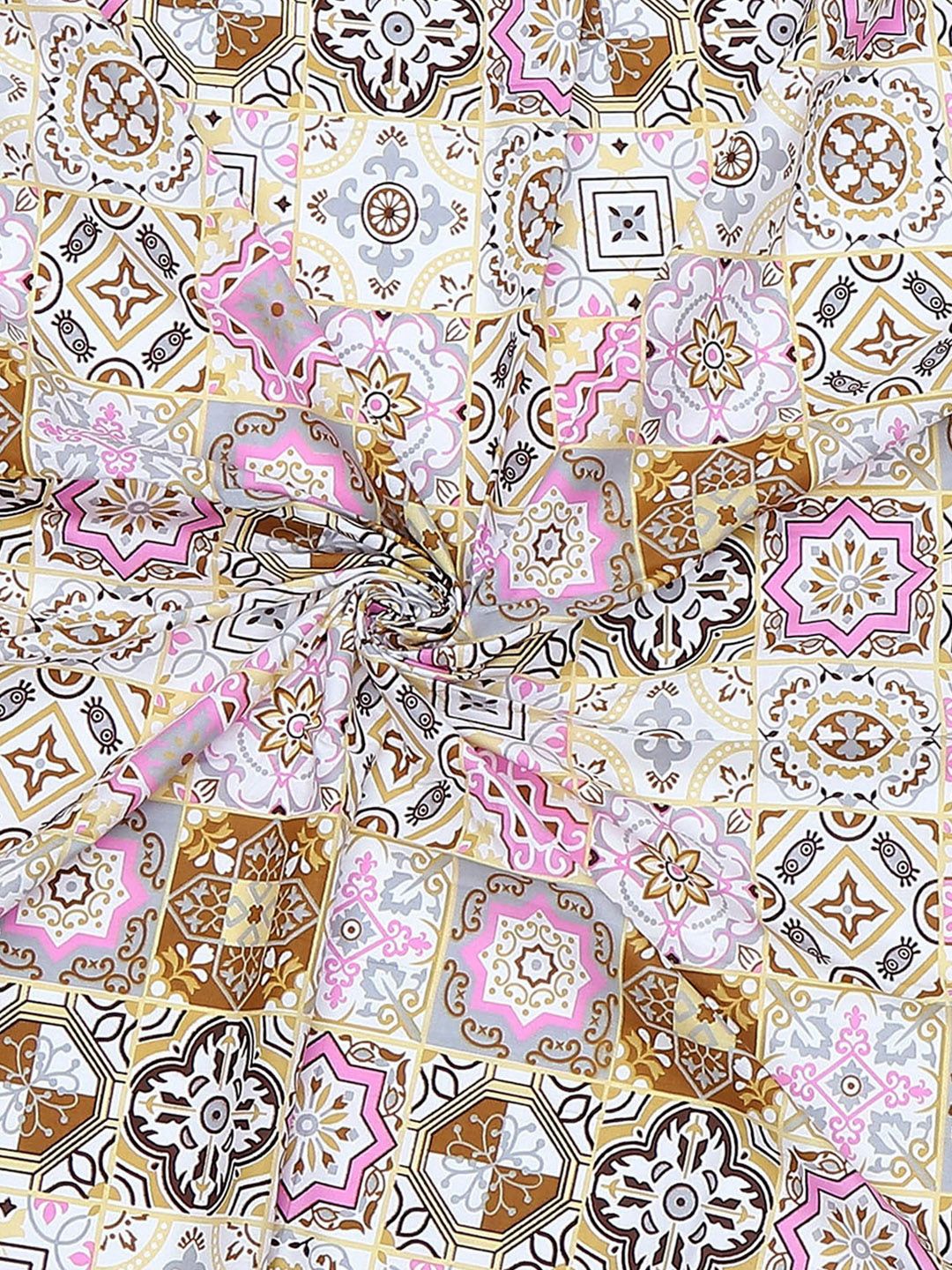Monte Carlo White Floral Cotton 144 TC Single Bedsheet with 1 Pillow Cover-2.29mx1.52m