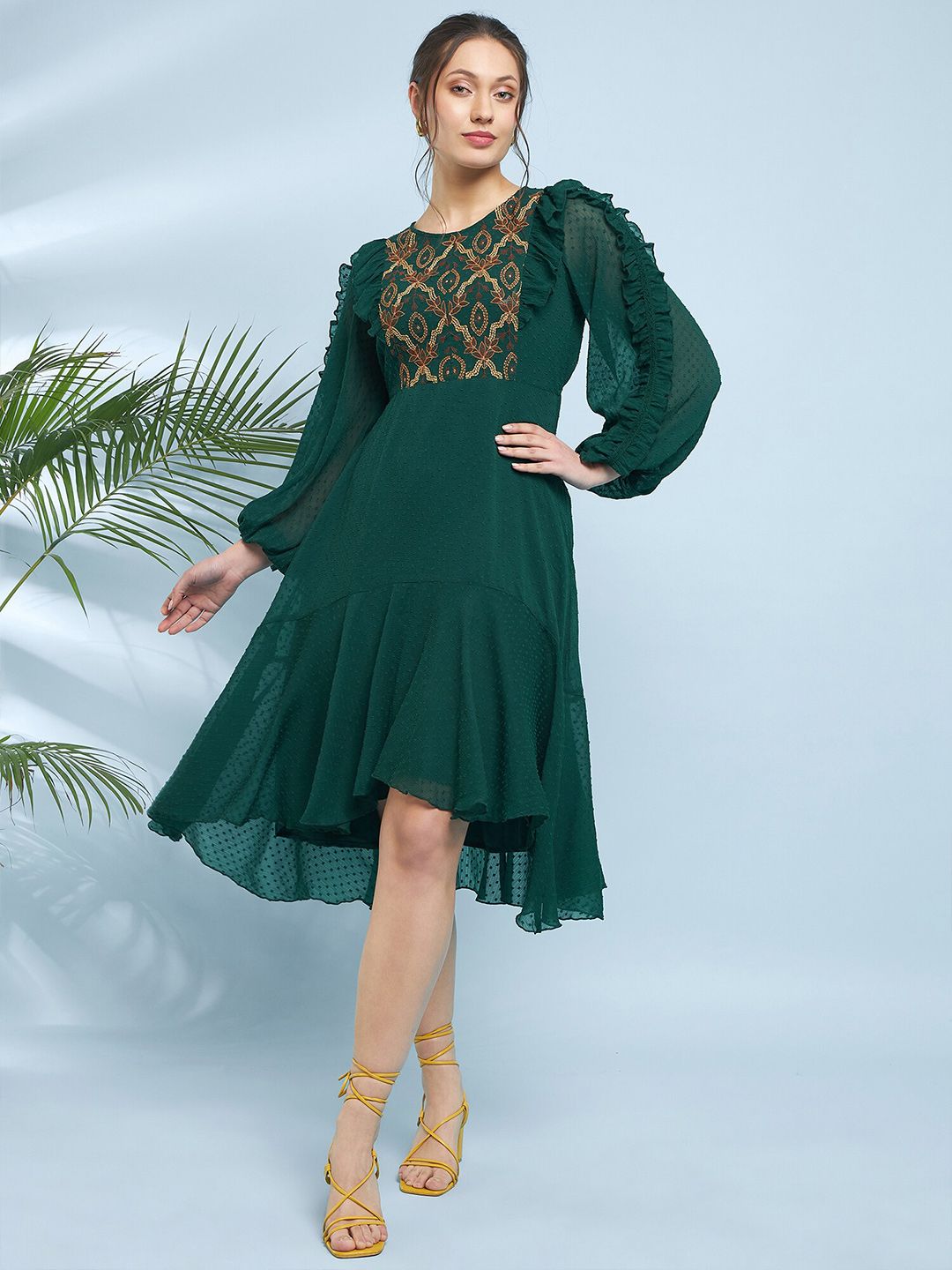 Antheaa Embroidered Puff Sleeve Fit & Flare Midi Dress