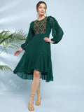 Antheaa Embroidered Puff Sleeve Fit & Flare Midi Dress