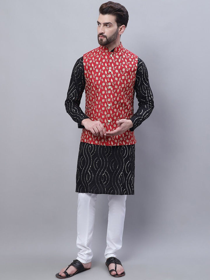 SOJANYA Leheriya Embroidered Sequinned Pure Cotton Kurta with Pyjamas & Nahru Jacket