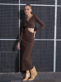 SASSAFRAS Brown Cut-Out Midi Sheath Dress
