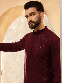 Anouk Wine Geometric Embroidered Sequinned Mandarin Collar Pure Cotton Kurta With Pyjama