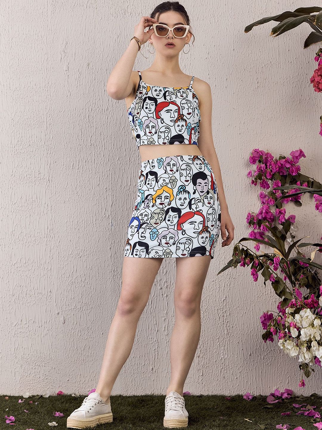 Berrylush White Graphic Printed Shoulder Straps Crop Top With Mini Skirt