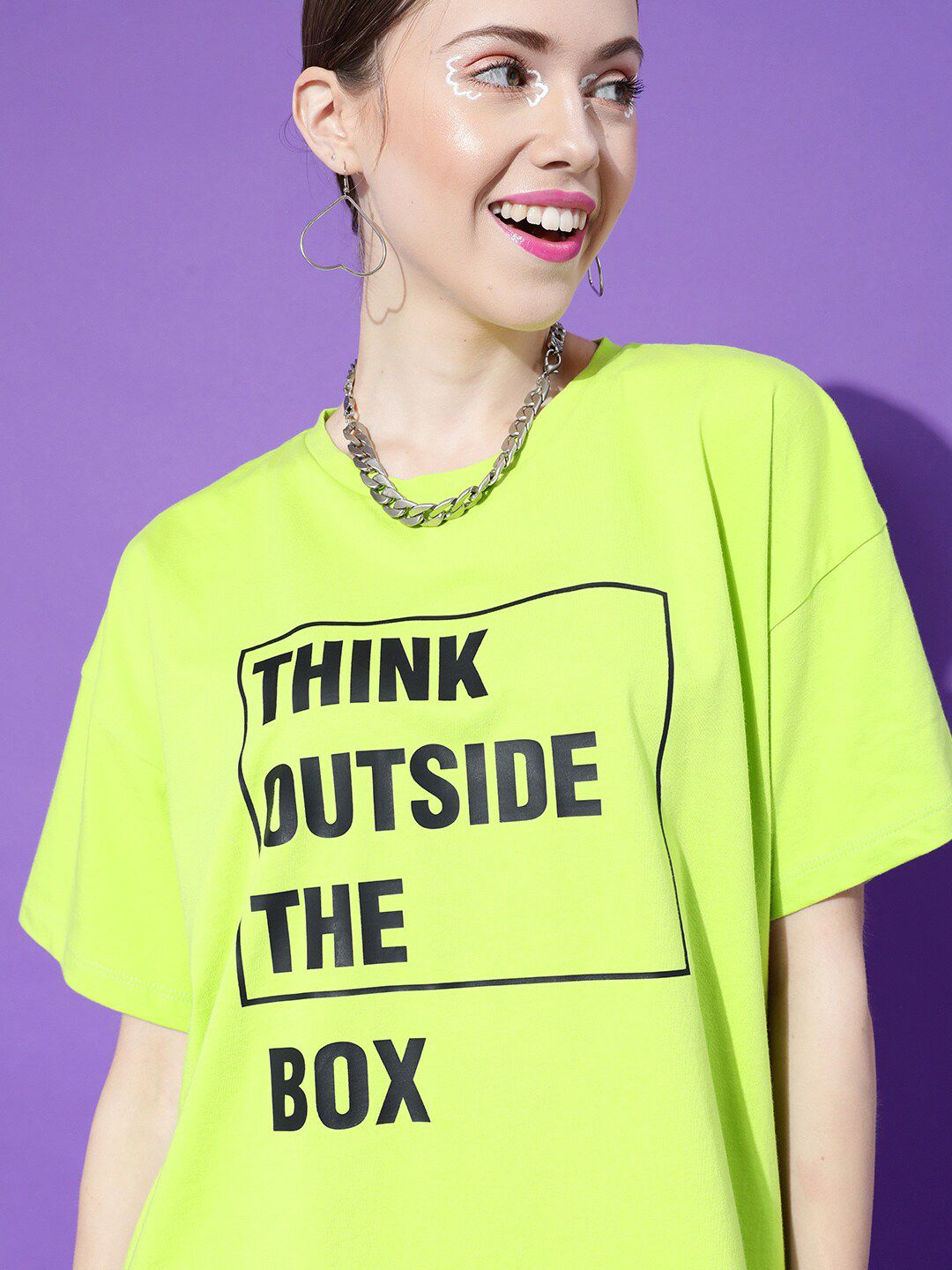 STREET 9 Women Lime Green Typography Printed Extended Sleeves Oversized Pure Cotton T-shirt