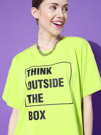 STREET 9 Women Lime Green Typography Printed Extended Sleeves Oversized Pure Cotton T-shirt