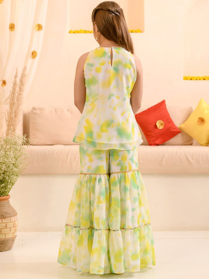 pspeaches Girls Abstract Printed Sequinned Regular A-Line Kurta & Sharara With Dupatta
