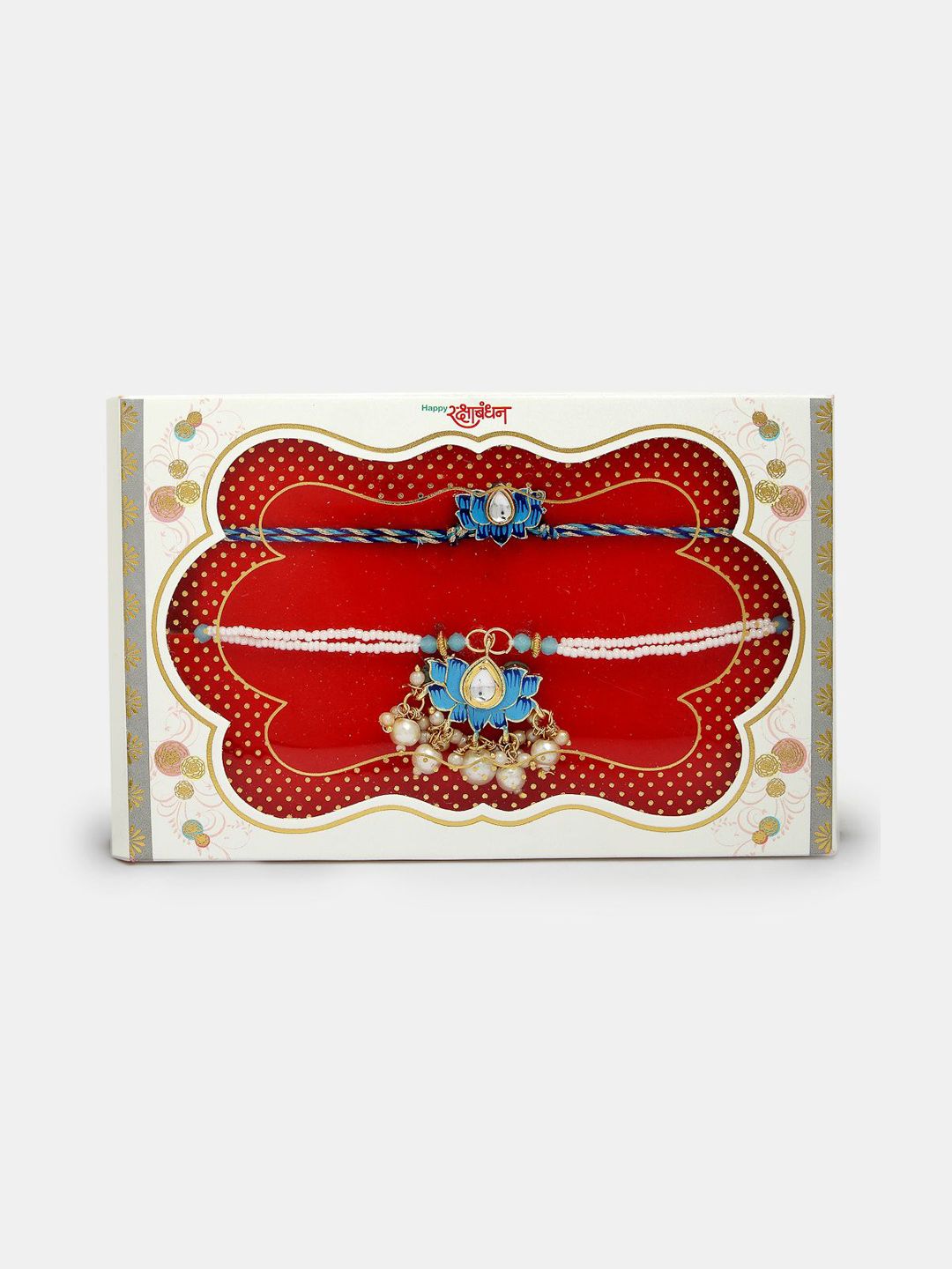 NVR Set of 2 Lotus Stone-Studded & Beaded Bhaiya Bhabhi Rakhi with Roli Chawal