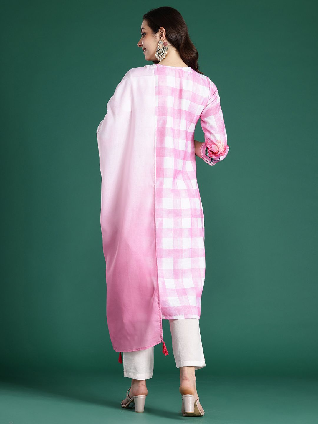 Indo Era Floral Printed Beads and Stones Linen Kurta with Trousers & With Dupatta