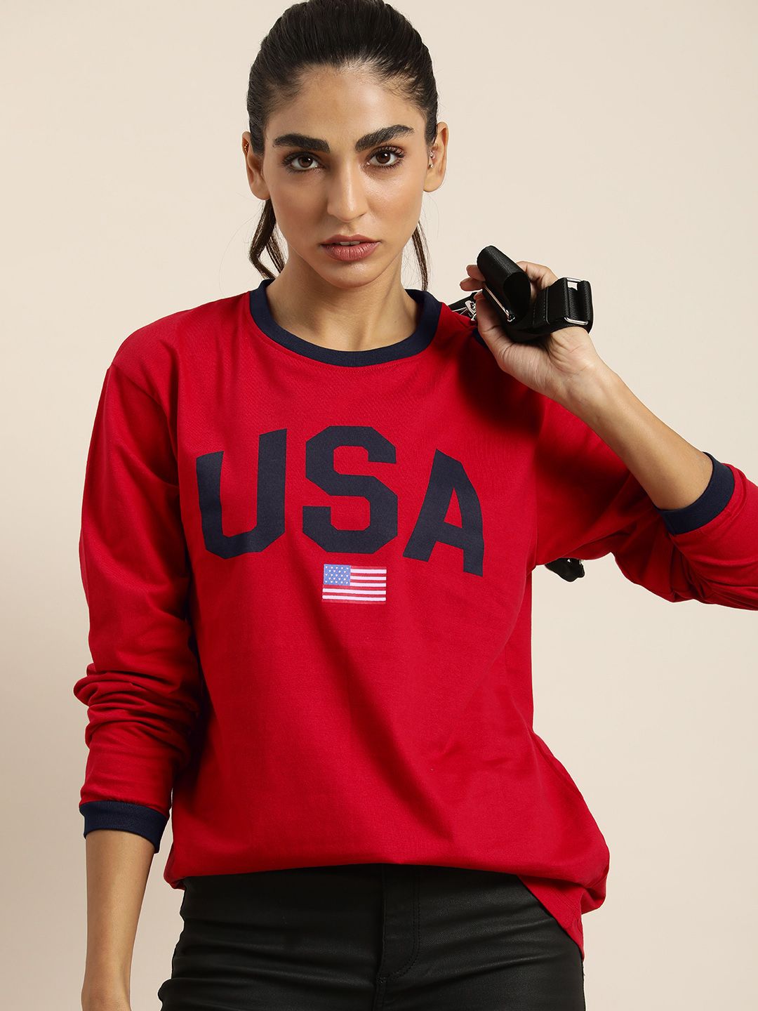 DILLINGER Women Red Typography Printed Loose T-shirt