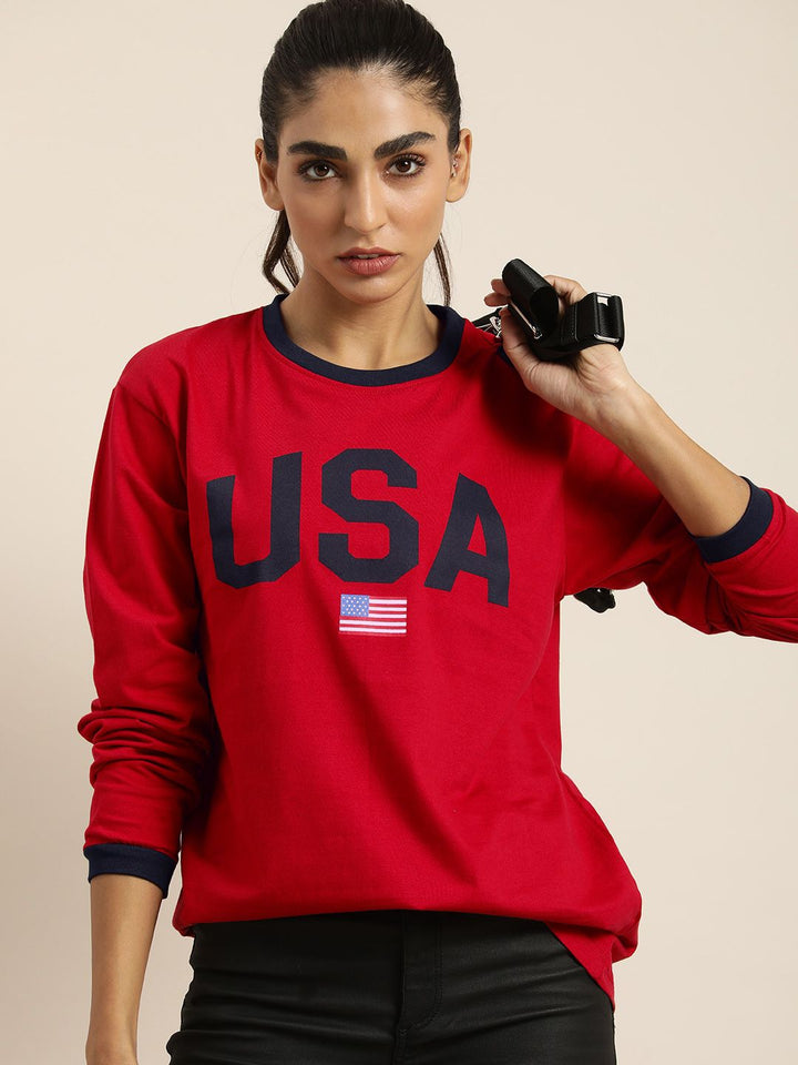 DILLINGER Women Red Typography Printed Loose T-shirt