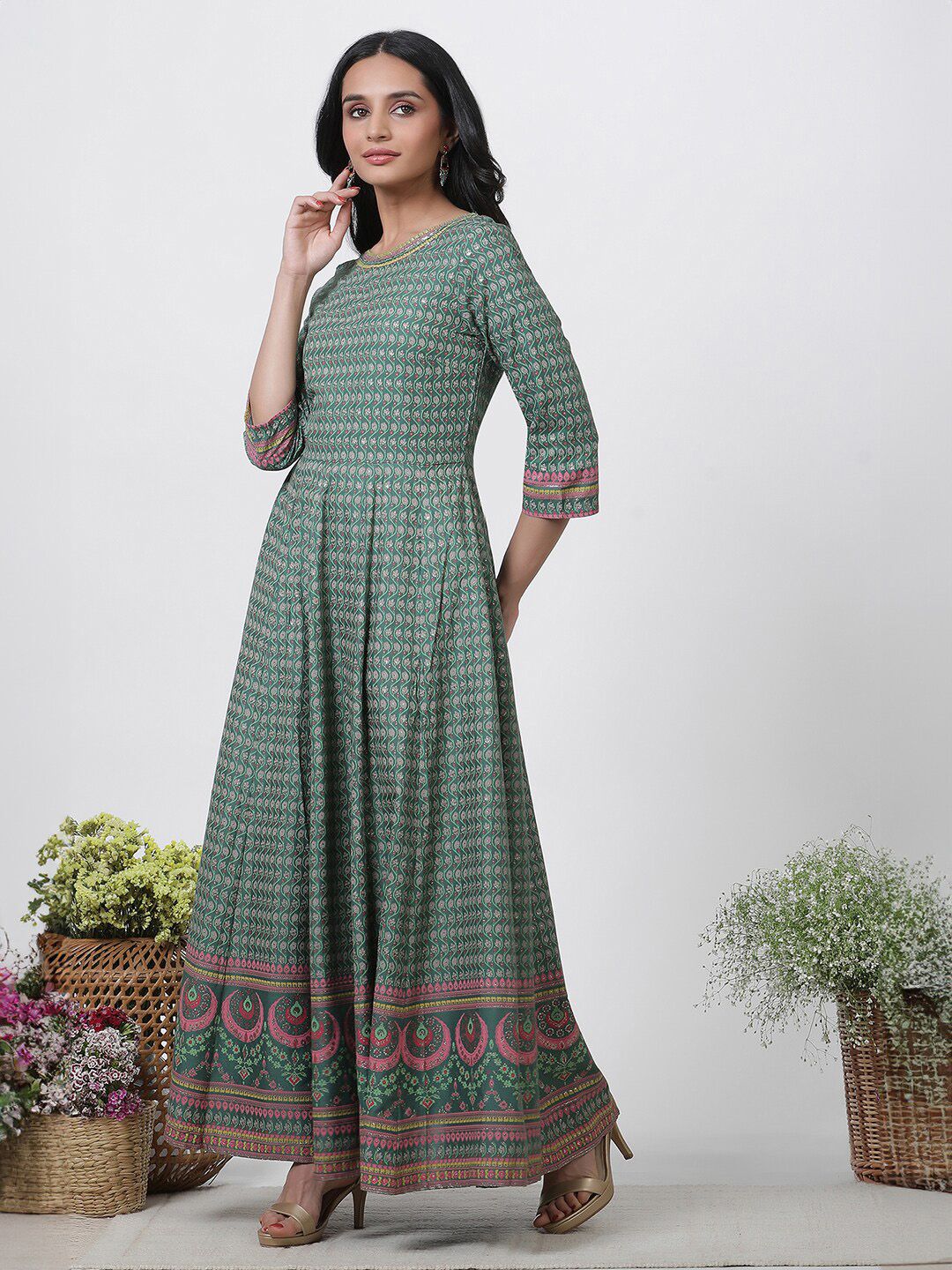 W Floral Printed Round Neck Maxi Dress With Dupatta