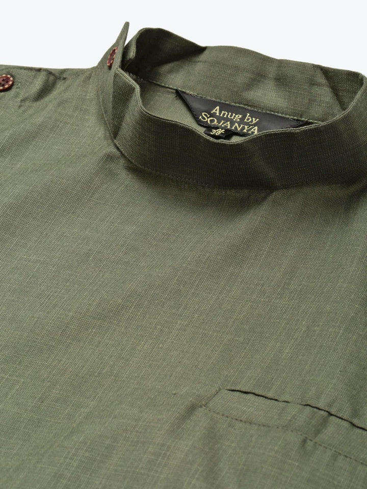 Anug by SOJANYA Men Olive Green Asymmetric Hem Kurta