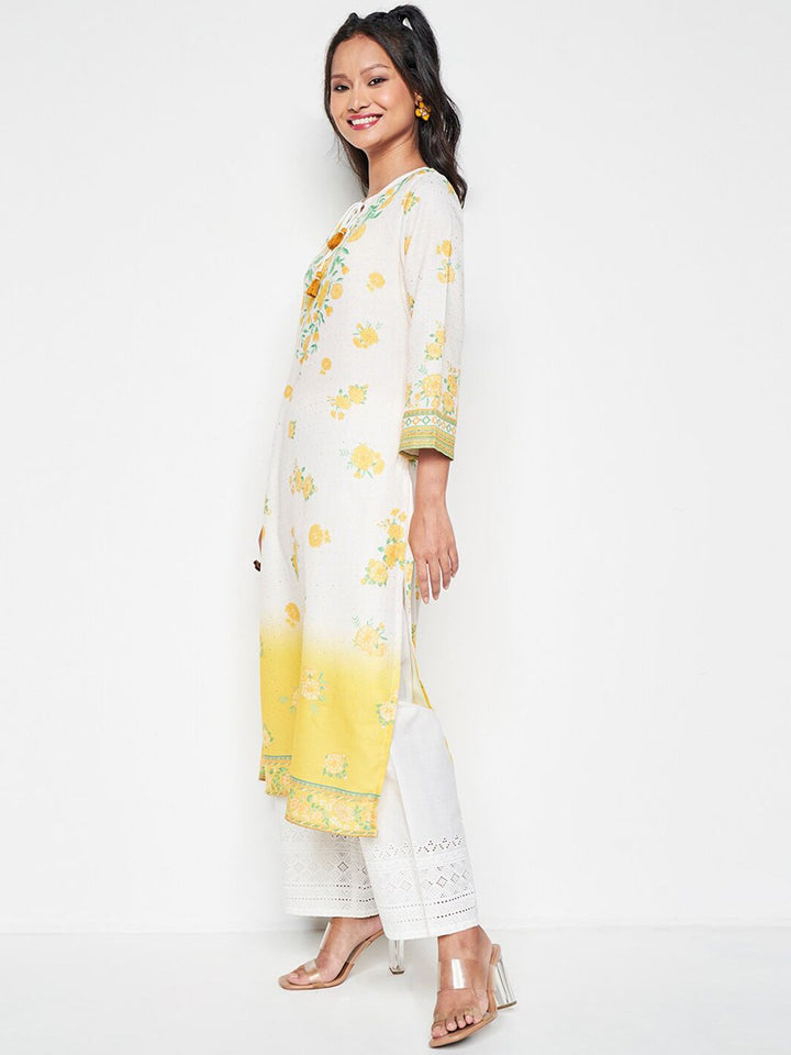 Global Desi Ethnic Motifs Printed Tie-Up Neck Straight Kurta