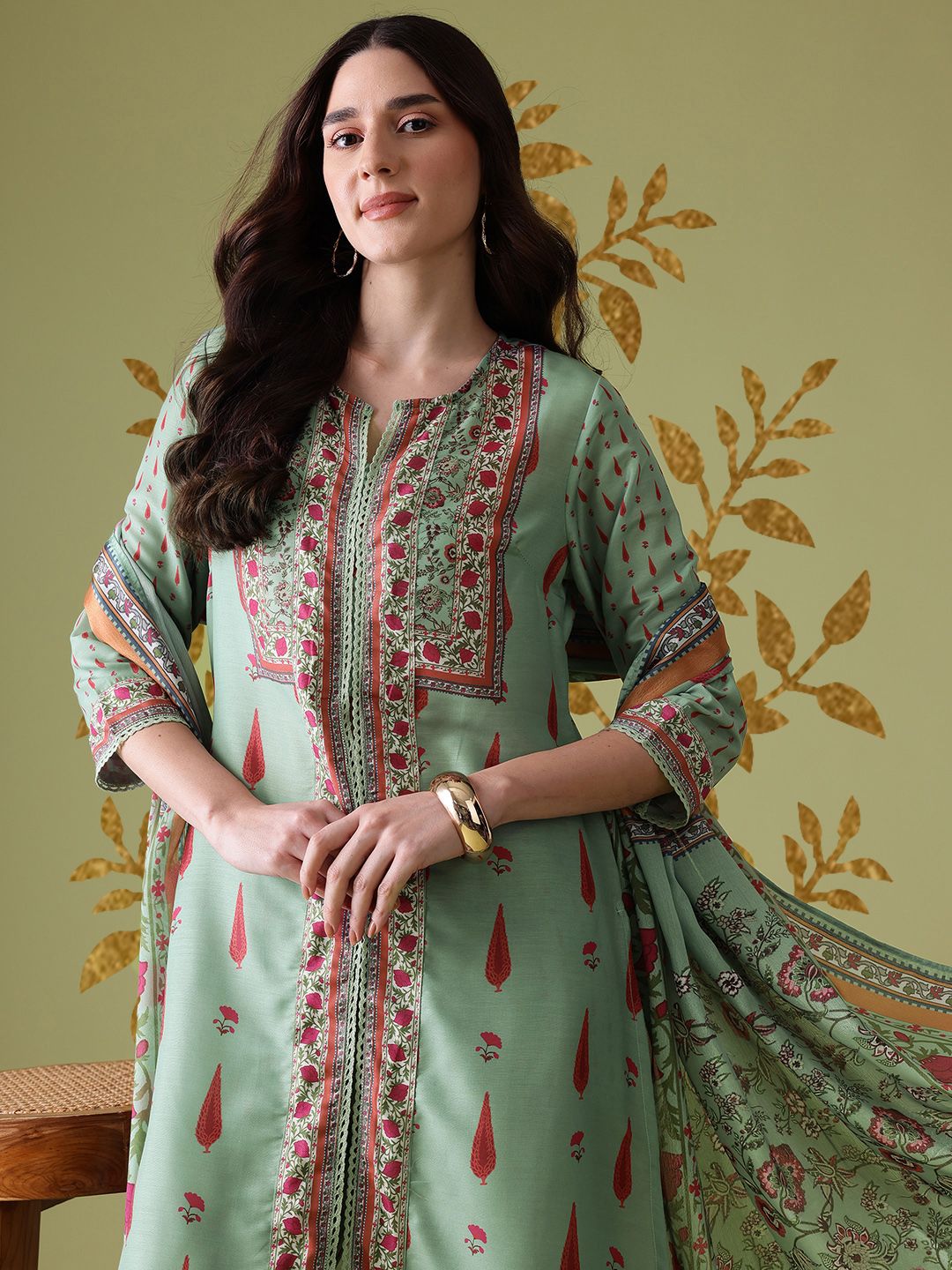 Anouk Floral Printed Pure Cotton Kurta With Trousers & Dupatta