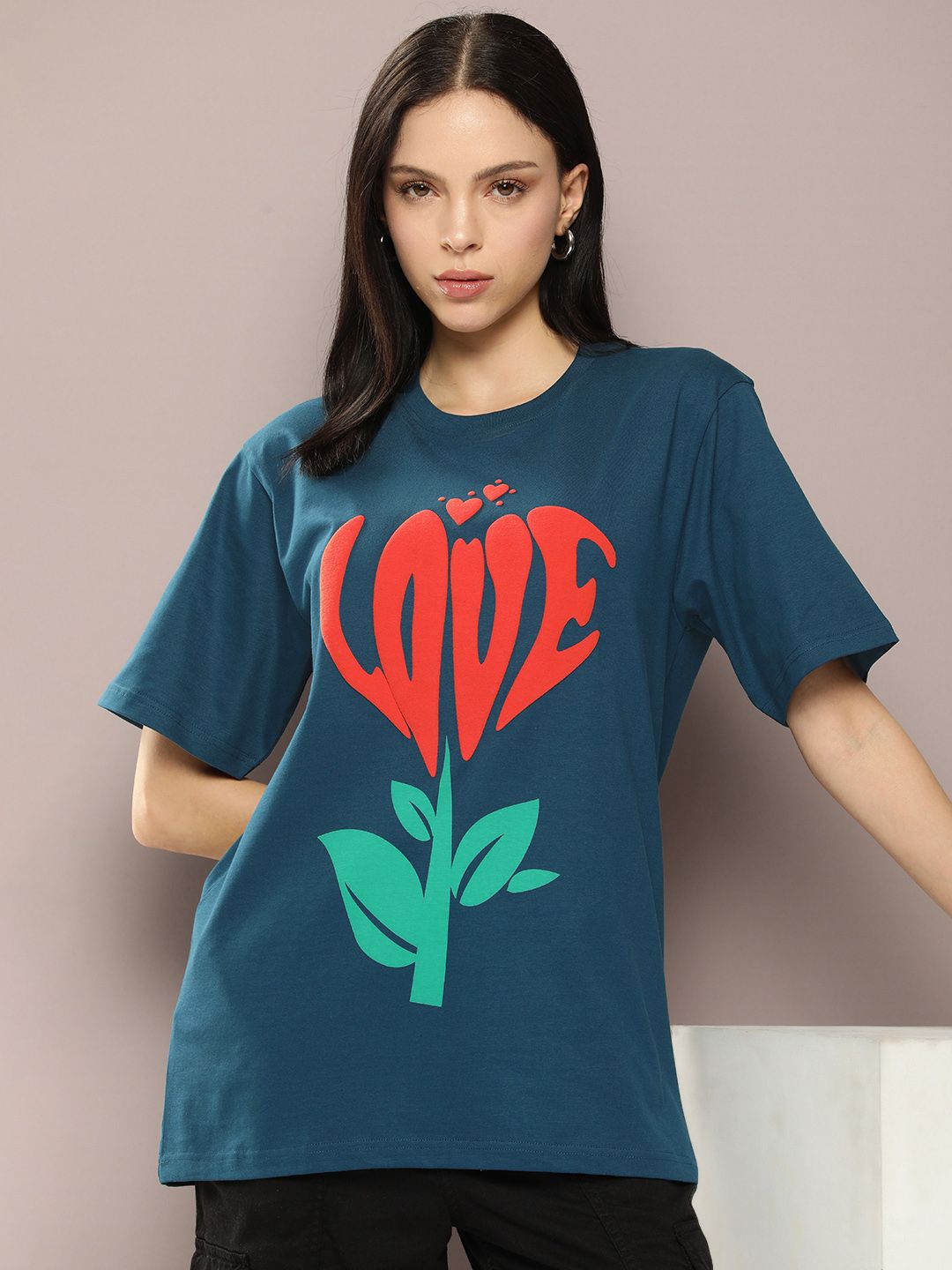 DILLINGER Women Graphic Printed Embossed Oversized T-shirt