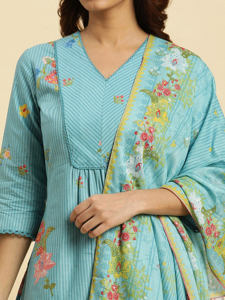 W Floral Printed V-Neck Pure Cotton A-Line Kurta & Trousers With Dupatta
