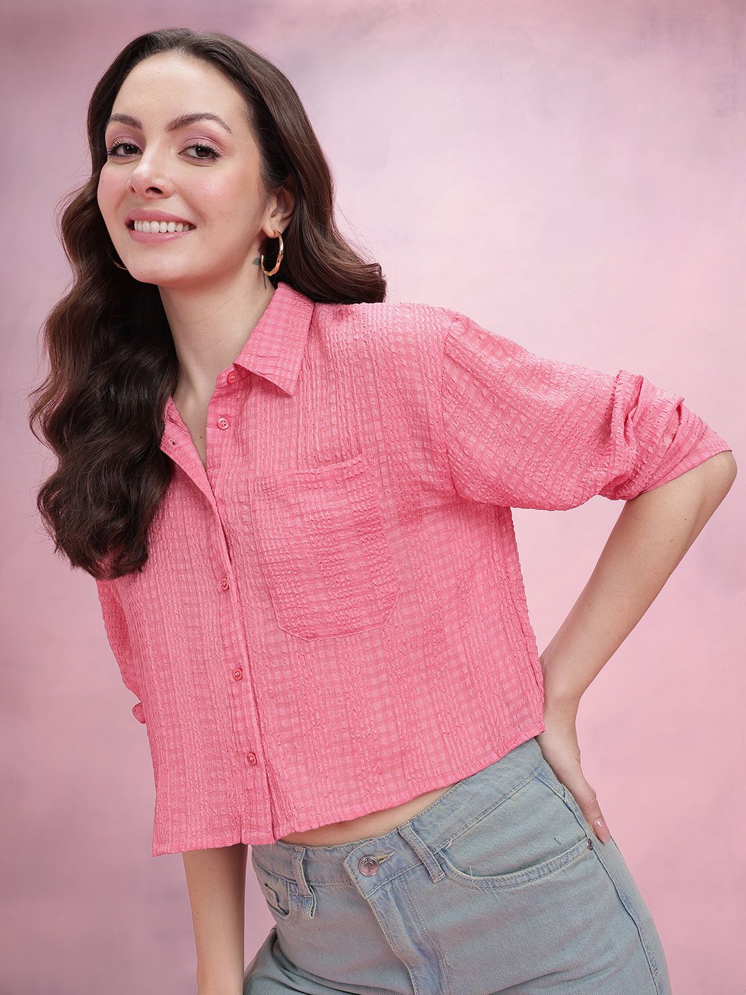DressBerry Seersucker Checked Boxy Casual Shirt