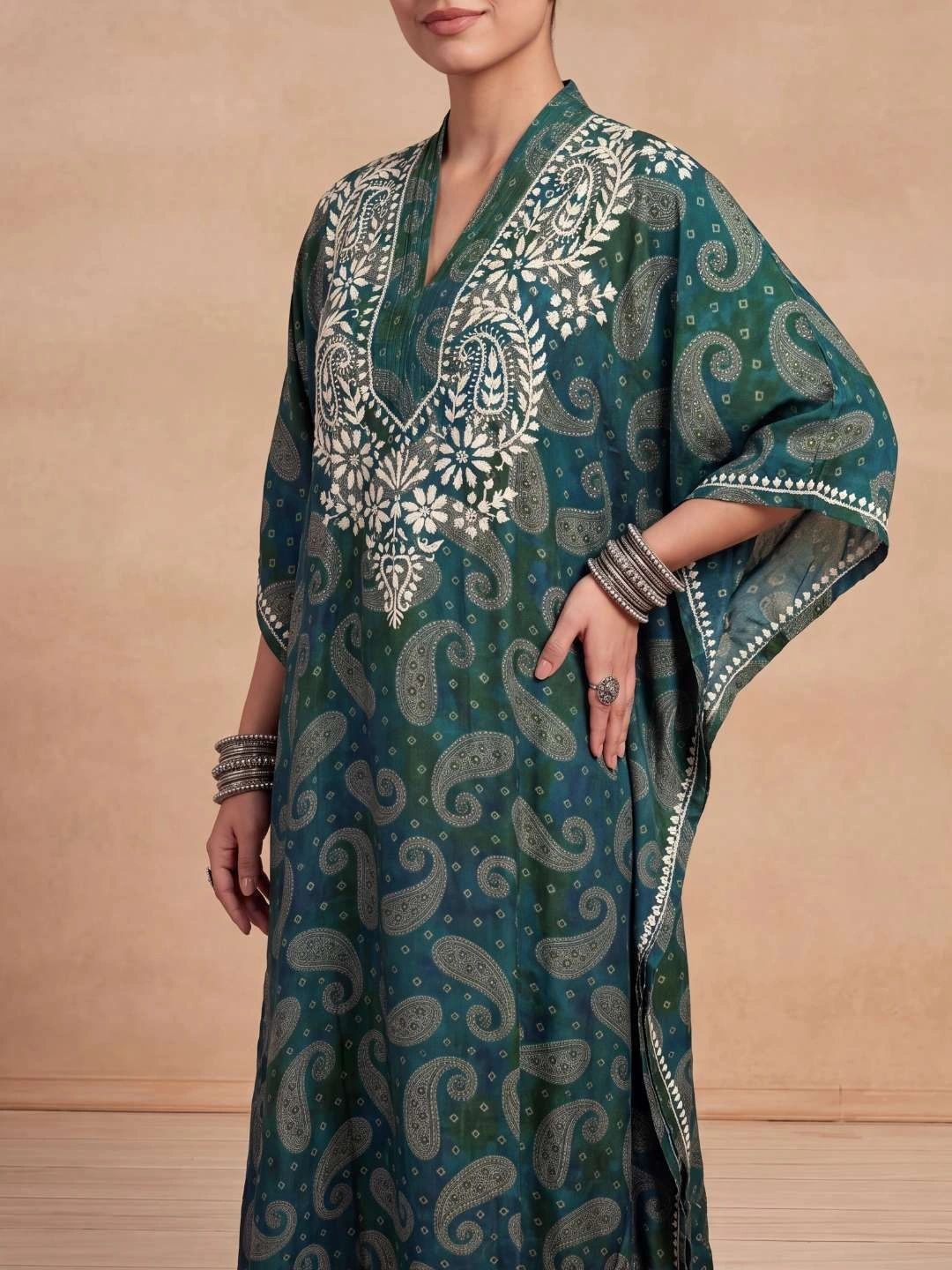 House of Chikankari Women Paisley Printed Extended Sleeves Thread Work Crepe Kaftan Kurta