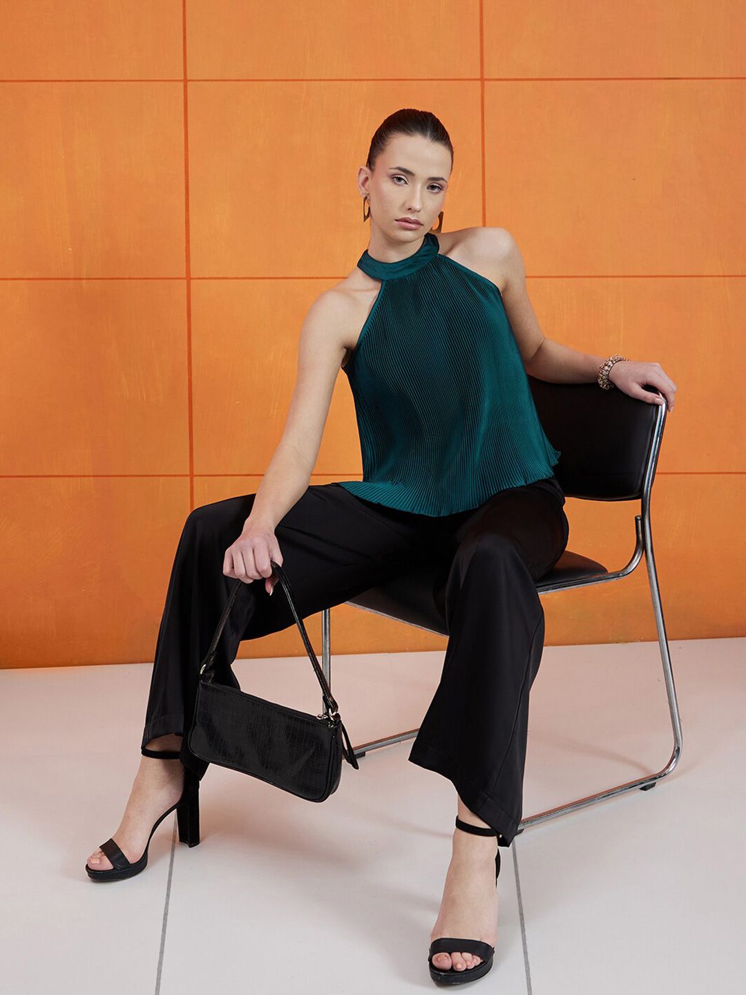 STREET 9 Green High Neck Accordion Pleats A-Line Top