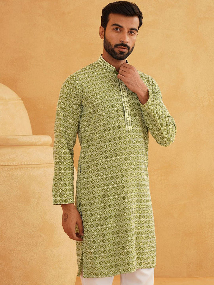 SOJANYA Geometric Embroidered Regular Sequinned Pure Cotton Kurta With Churidar