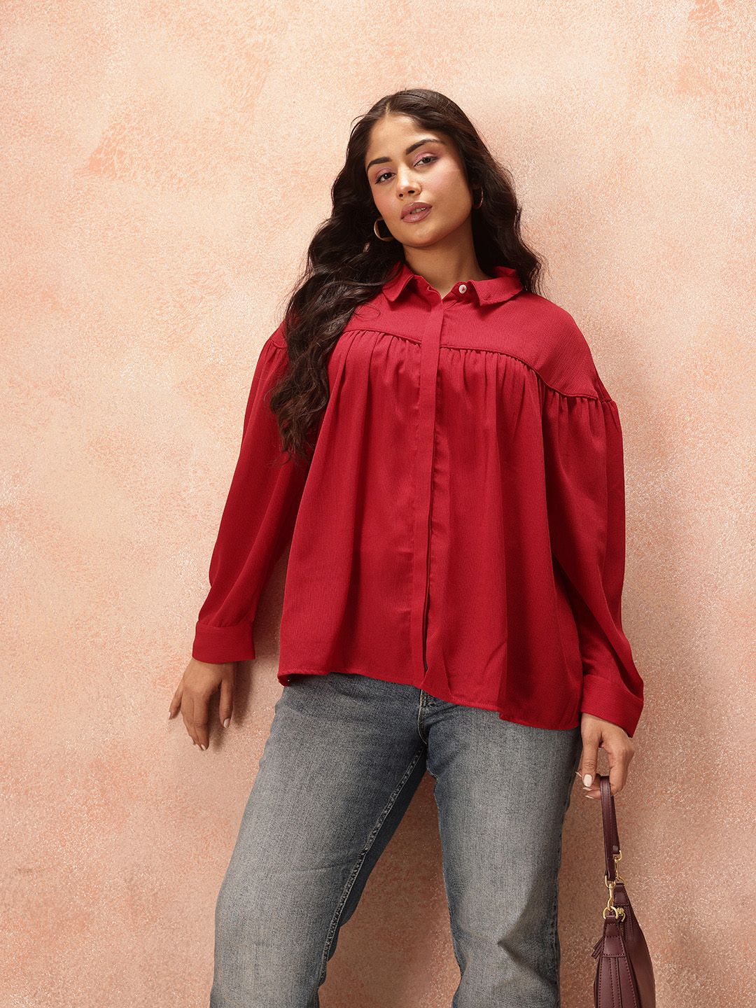 all about you Plus Size Puff Sleeves Shirt Style Longline Top